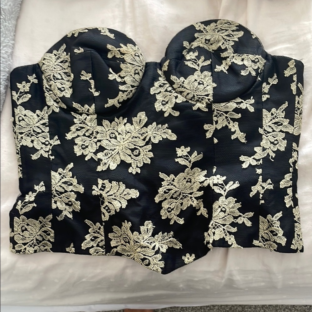 Guy Laroche Couture Strapless Black and Gold Lace Bustier Top